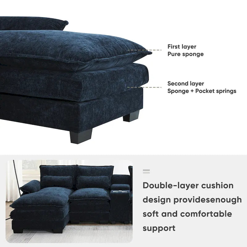 [VIDEO provided][New]123*55 Nowoczesna sofa w kształcie litery U z konsolą, uchwytami na kubki i portami USB, 6-osobowa tapicerowana symetryczna sofa wewnętrzna