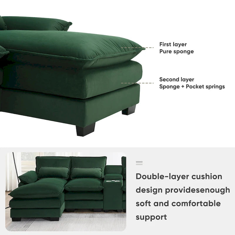 [VIDEO provided][New]123*55 Nowoczesna sofa w kształcie litery U z konsolą, uchwytami na kubki i portami USB, 6-osobowa tapicerowana symetryczna sofa wewnętrzna