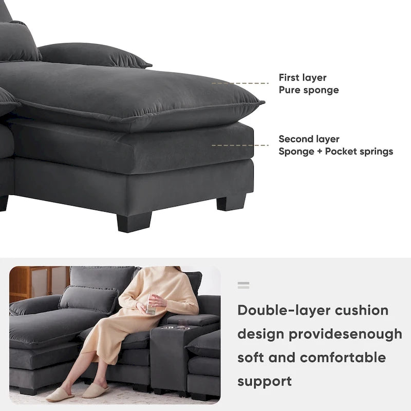 [VIDEO provided][New]123*55 Nowoczesna sofa w kształcie litery U z konsolą, uchwytami na kubki i portami USB, 6-osobowa tapicerowana symetryczna sofa wewnętrzna
