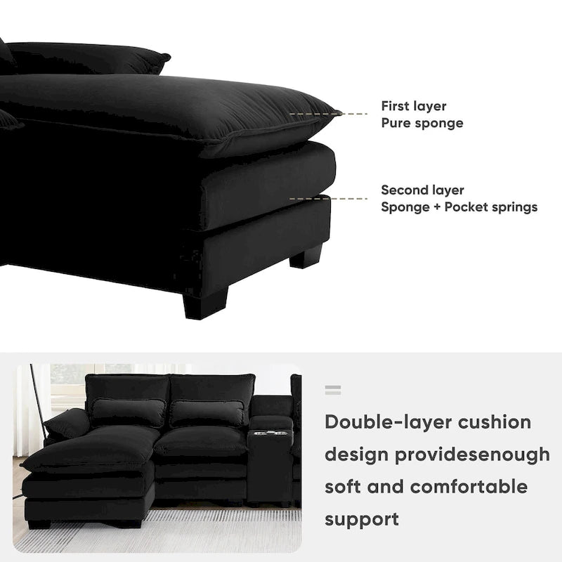 [VIDEO provided][New]123*55 Nowoczesna sofa w kształcie litery U z konsolą, uchwytami na kubki i portami USB, 6-osobowa tapicerowana symetryczna sofa wewnętrzna
