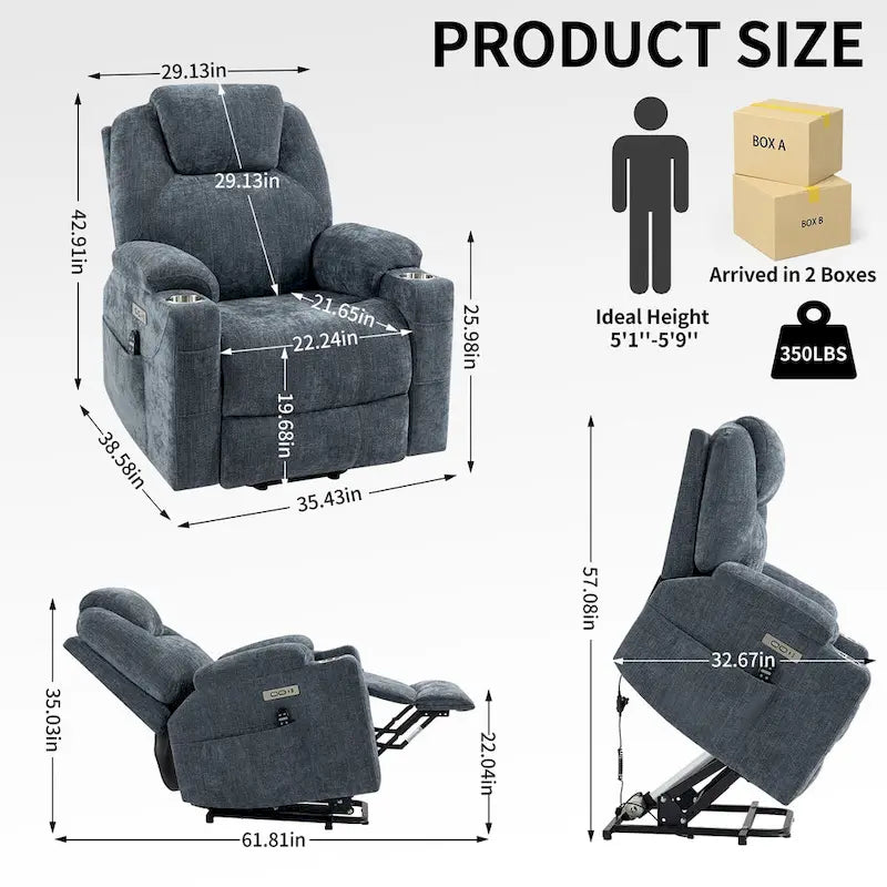 Fauteuil inclinable motorisé Okin Power Lift en chenille jusqu'à 158 kg, mécanisme de mouvement robuste avec massage par vibration à 8 points et soutien lombaire
