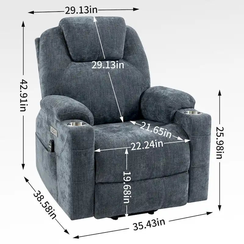Fauteuil inclinable motorisé Okin Power Lift en chenille jusqu'à 158 kg, mécanisme de mouvement robuste avec massage par vibration à 8 points et soutien lombaire