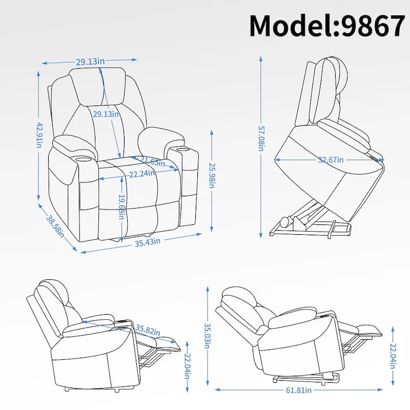 Fauteuil inclinable motorisé Okin Power Lift en chenille jusqu'à 158 kg, mécanisme de mouvement robuste avec massage par vibration à 8 points et soutien lombaire