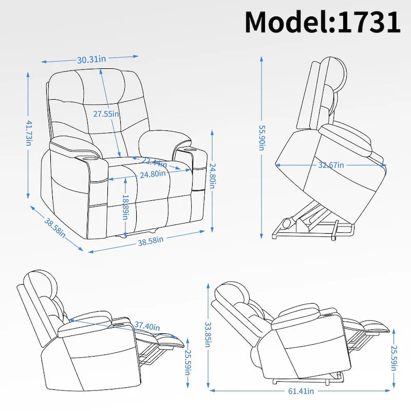 Fauteuil inclinable motorisé Okin Power Lift en chenille jusqu'à 158 kg, mécanisme de mouvement robuste avec massage par vibration à 8 points et soutien lombaire