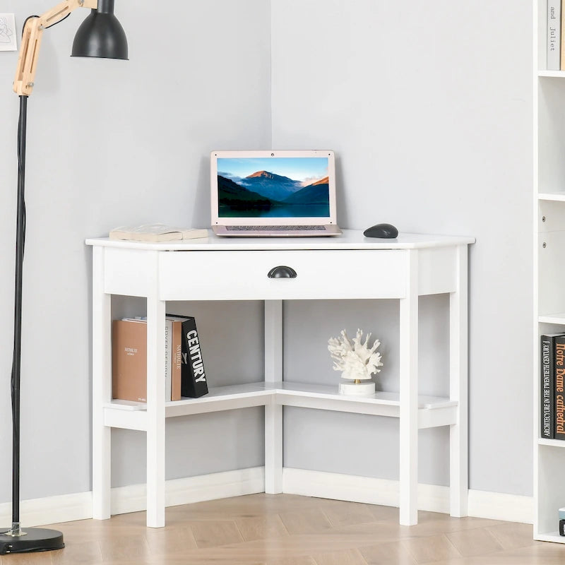 Bureau d'angle HOMCOM, bureau d'ordinateur triangulaire avec tiroir et étagères de rangement pour petit espace