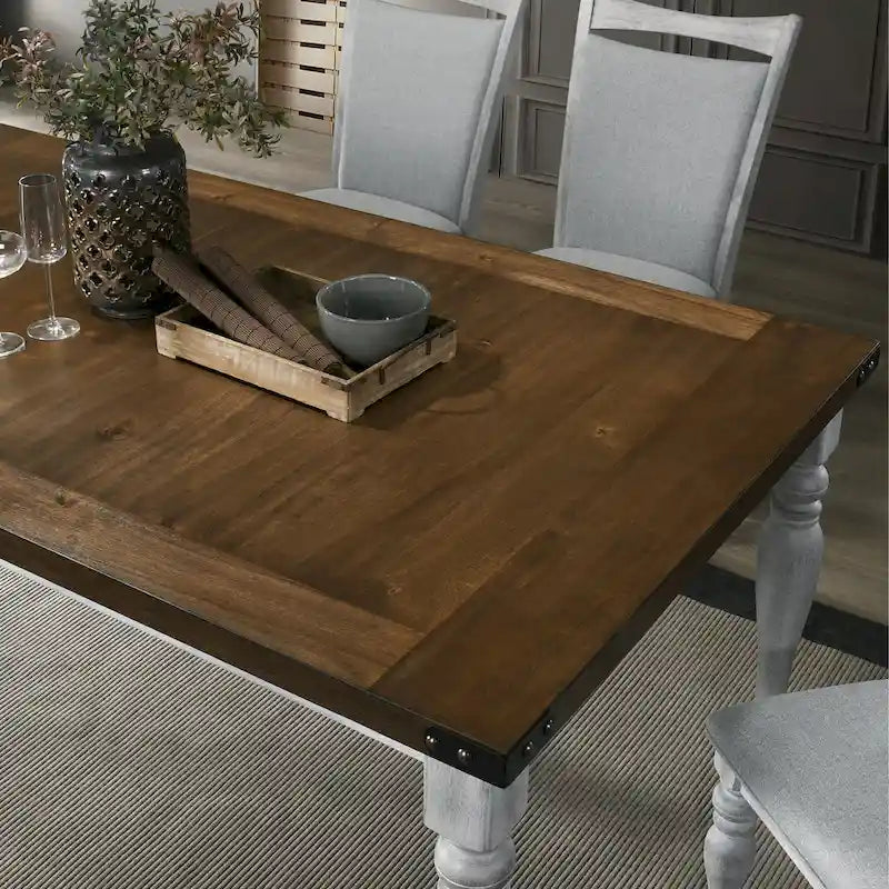 Table de salle à manger Roundhill Furniture Salines avec pieds tournés en bois bicolore, blanc rustique et chêne