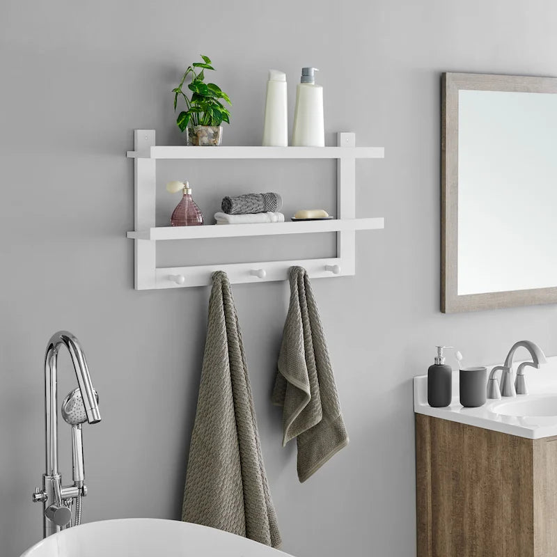 Étagère murale à 2 niveaux avec 5 crochets Danya B. – Entrée ou salle de bain