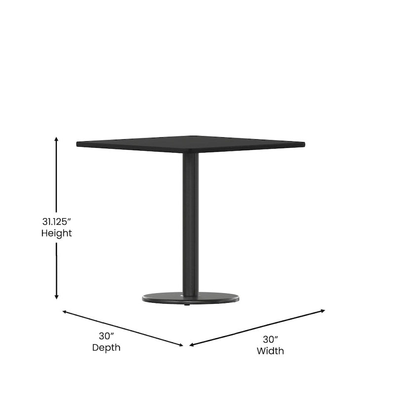 Kwadratowy blat laminowany 30 x 30 z okrągłą podstawą stołową o wysokości 18 cali – 30 szer. x 30 gł. x 31,125 wys. – 30 szer. x 30 gł. x 31,125 wys.
