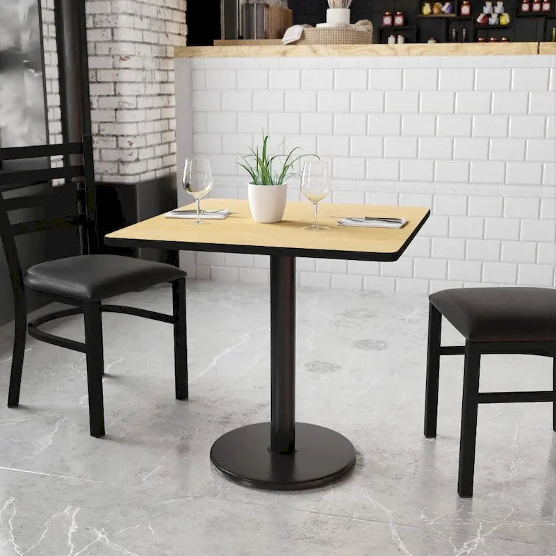 Kwadratowy blat laminowany 30 x 30 z okrągłą podstawą stołową o wysokości 18 cali – 30 szer. x 30 gł. x 31,125 wys. – 30 szer. x 30 gł. x 31,125 wys.