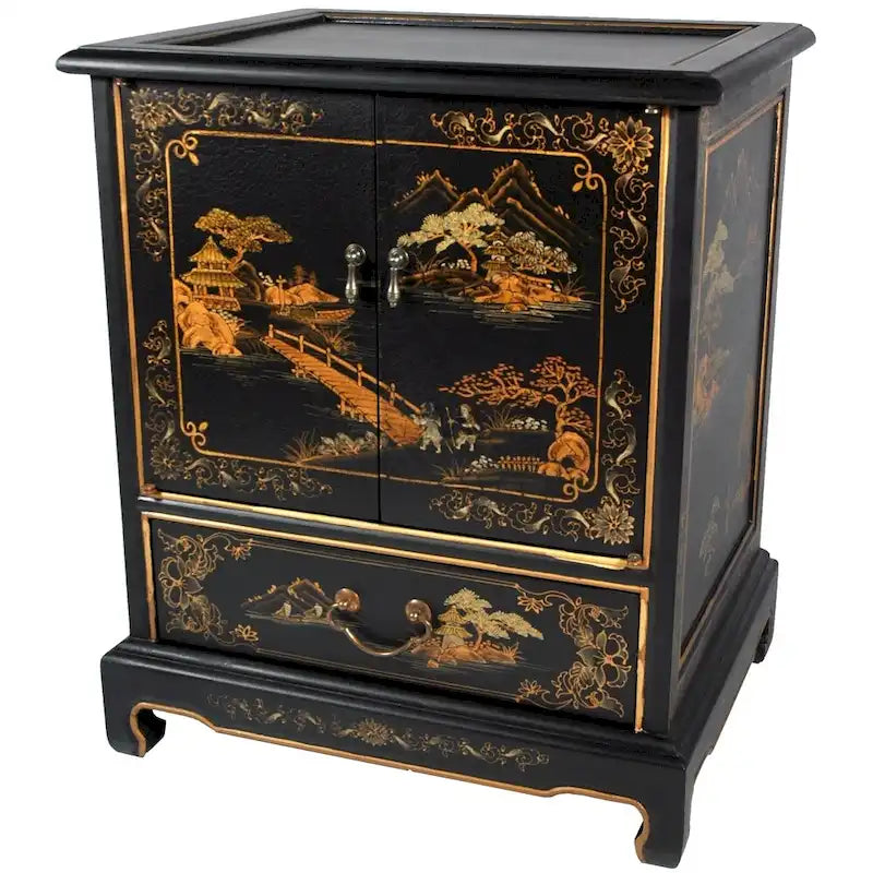 Ręcznie wykonany lakierowany stolik końcowy w stylu vintage z chińskim pejzażem - 20.00S x 16.00G x 24.50W