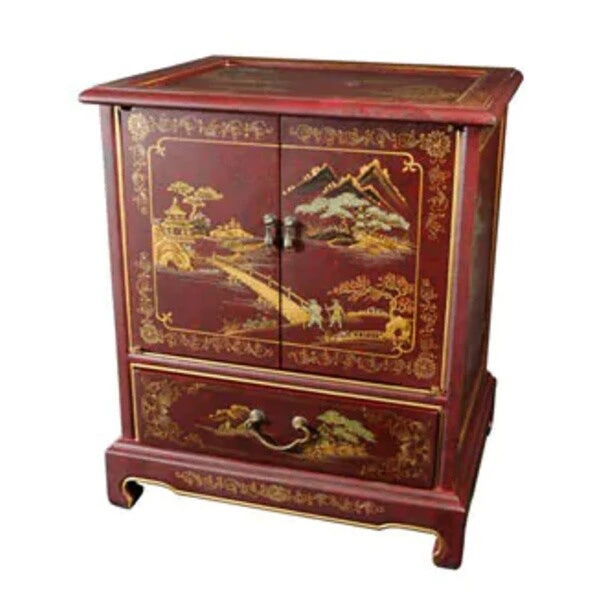 Ręcznie wykonany lakierowany stolik końcowy w stylu vintage z chińskim pejzażem - 20.00S x 16.00G x 24.50W