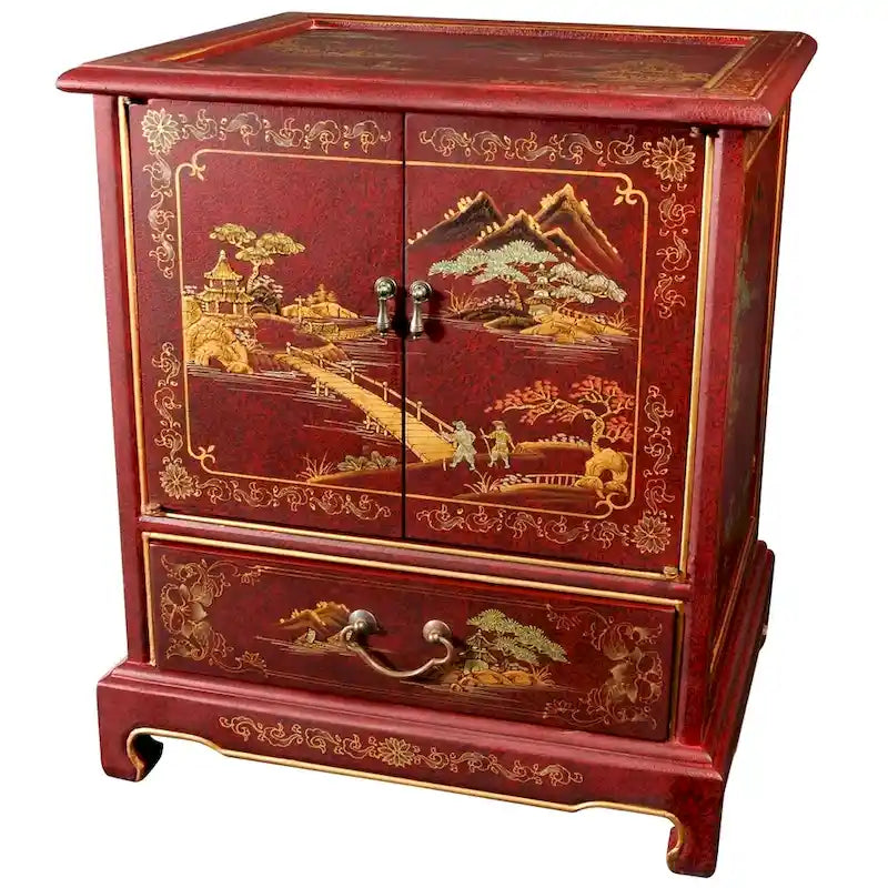 Ręcznie wykonany lakierowany stolik końcowy w stylu vintage z chińskim pejzażem - 20.00S x 16.00G x 24.50W