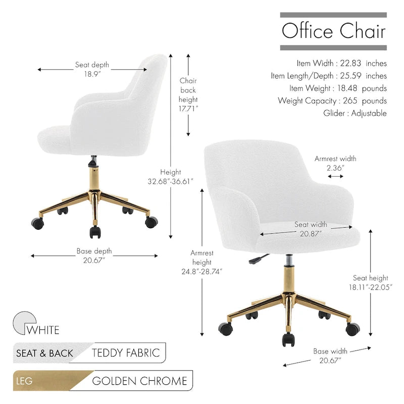 Chaise de bureau pivotante Porthos Home Tana, tissu Teddy, pieds chromés dorés