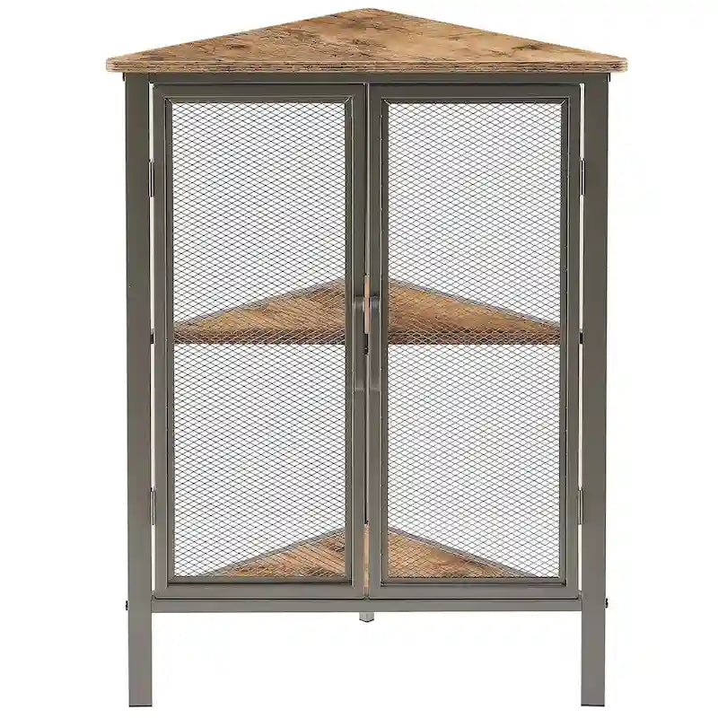 Table d'angle triangulaire industrielle avec double porte et étagère de rangement à 3 niveaux
