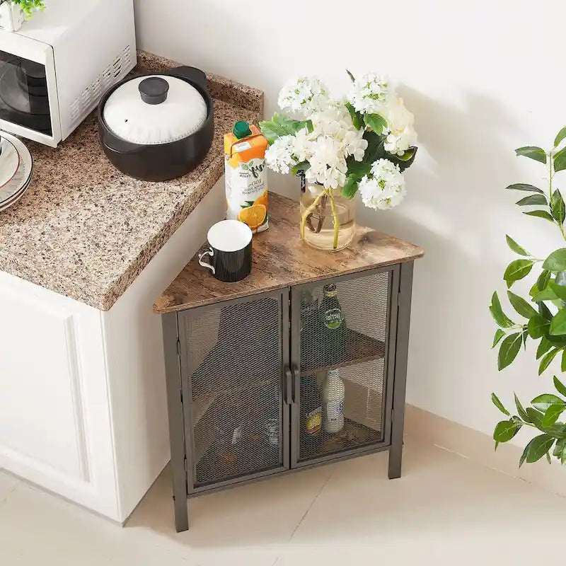 Table d'angle triangulaire industrielle avec double porte et étagère de rangement à 3 niveaux