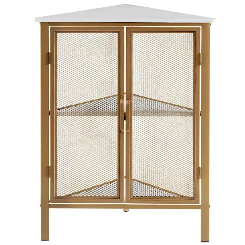 Table d'angle triangulaire industrielle avec double porte et étagère de rangement à 3 niveaux