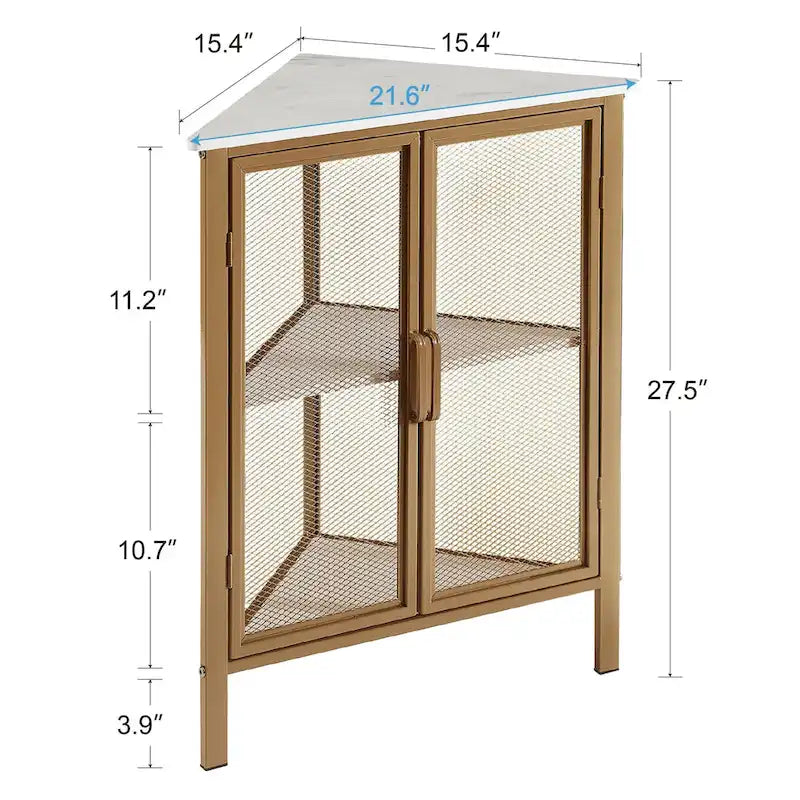 Table d'angle triangulaire industrielle avec double porte et étagère de rangement à 3 niveaux