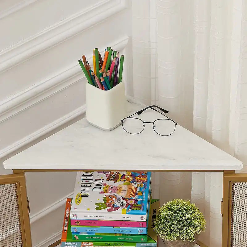 Table d'angle triangulaire industrielle avec double porte et étagère de rangement à 3 niveaux