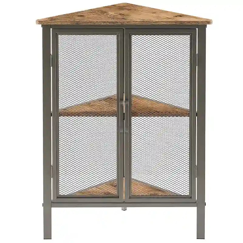Table d'angle triangulaire industrielle avec double porte et étagère de rangement à 3 niveaux