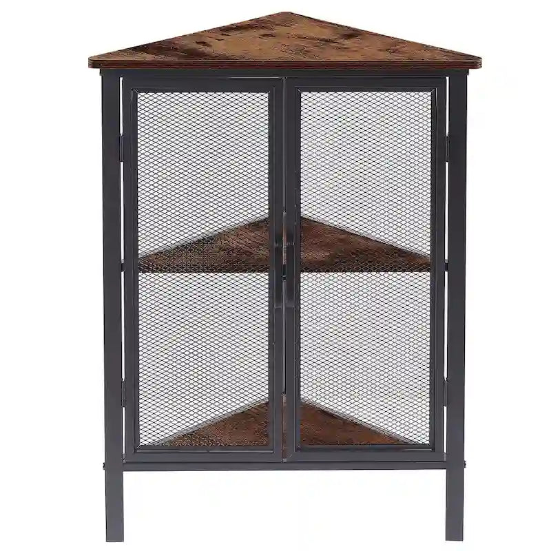 Table d'angle triangulaire industrielle avec double porte et étagère de rangement à 3 niveaux