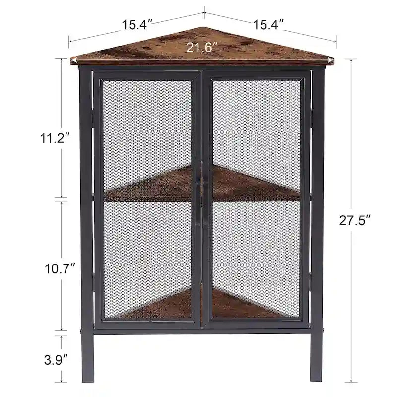 Table d'angle triangulaire industrielle avec double porte et étagère de rangement à 3 niveaux