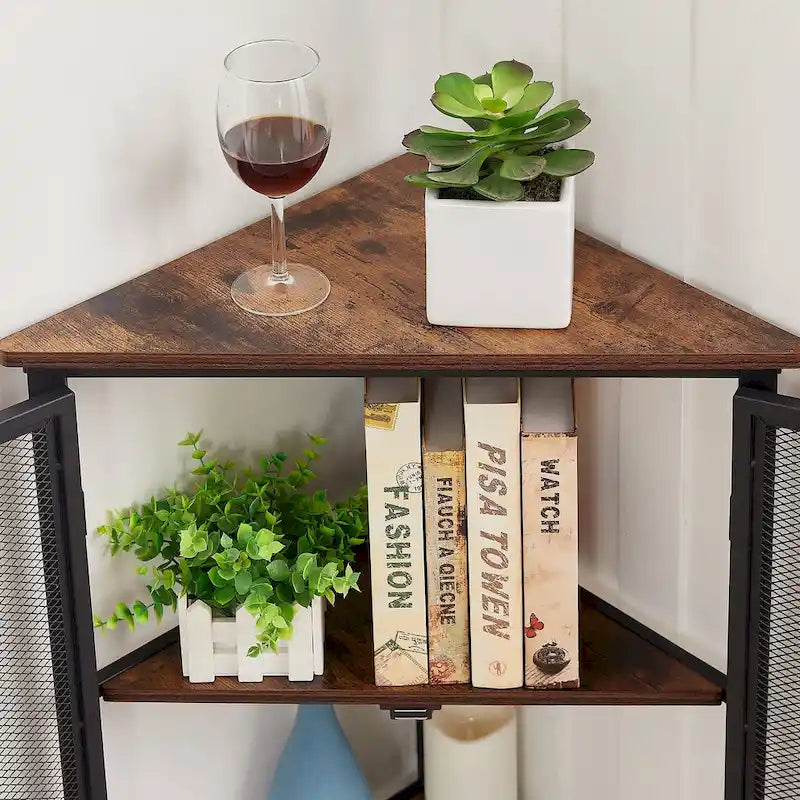 Table d'angle triangulaire industrielle avec double porte et étagère de rangement à 3 niveaux