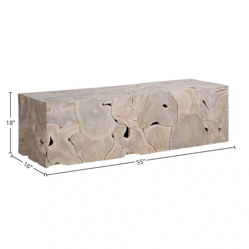 Banc rectangulaire Scarlett 55 pouces en racine de teck blanchi massif