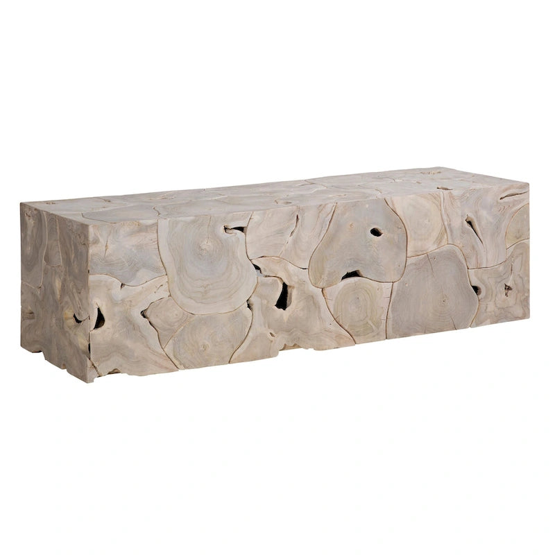 Banc rectangulaire Scarlett 55 pouces en racine de teck blanchi massif