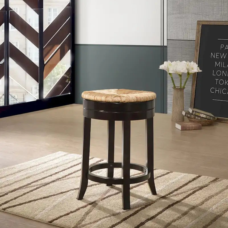 Tabouret de comptoir marron et beige, 61 cm, avec assise en jonc pivotante