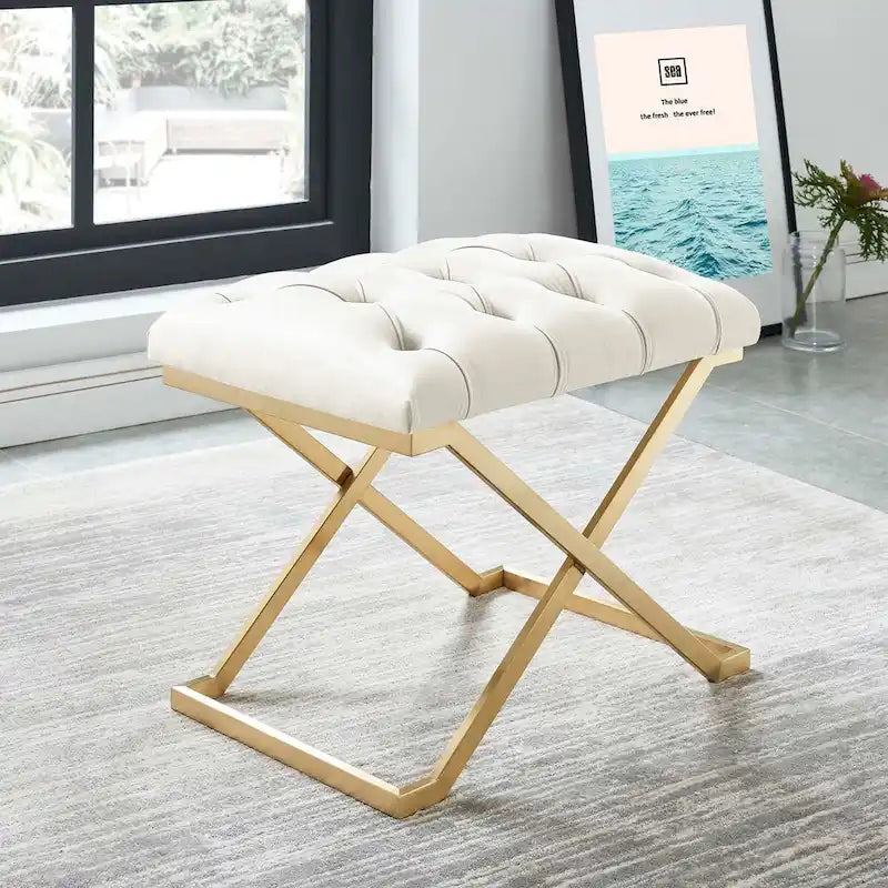 Banc simple contemporain ivoire et or de 22 pouces avec capitonnage