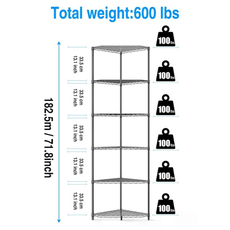 Étagère d'angle autoportante robuste à 6 niveaux pour rangement et exposition