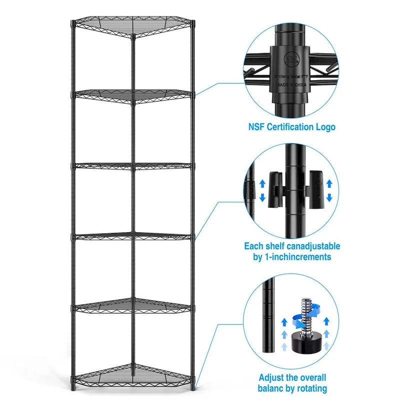 Étagère d'angle autoportante robuste à 6 niveaux pour rangement et exposition