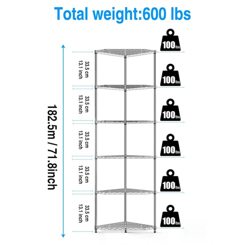Étagère d'angle autoportante robuste à 6 niveaux pour rangement et exposition