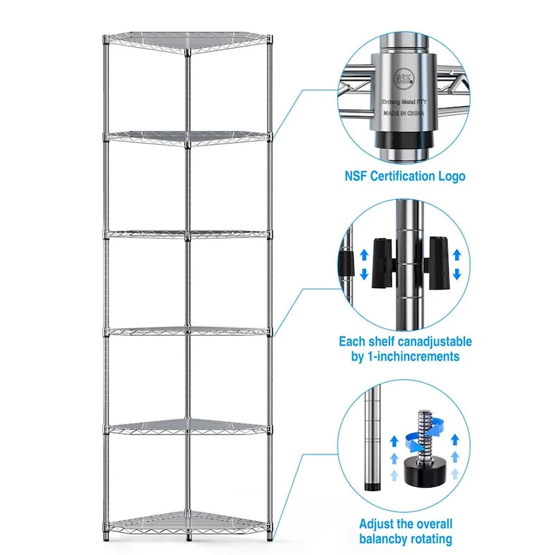 Étagère d'angle autoportante robuste à 6 niveaux pour rangement et exposition