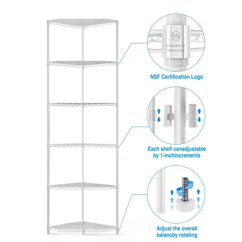 Étagère d'angle autoportante robuste à 6 niveaux pour rangement et exposition