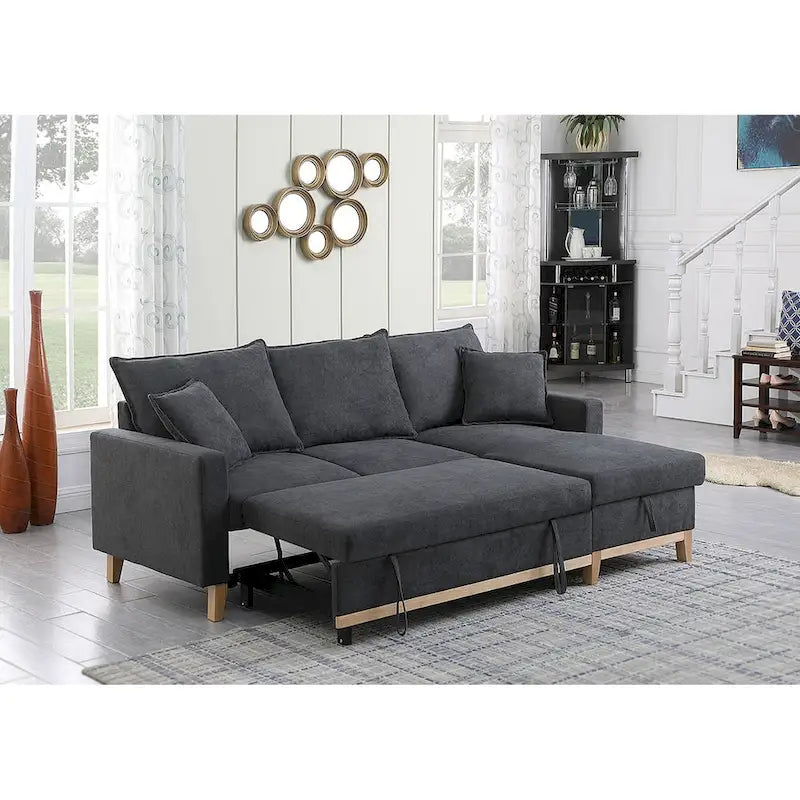 Ciemnoszara dwustronna rozkładana sofa narożna z leżanką ze schowkiem