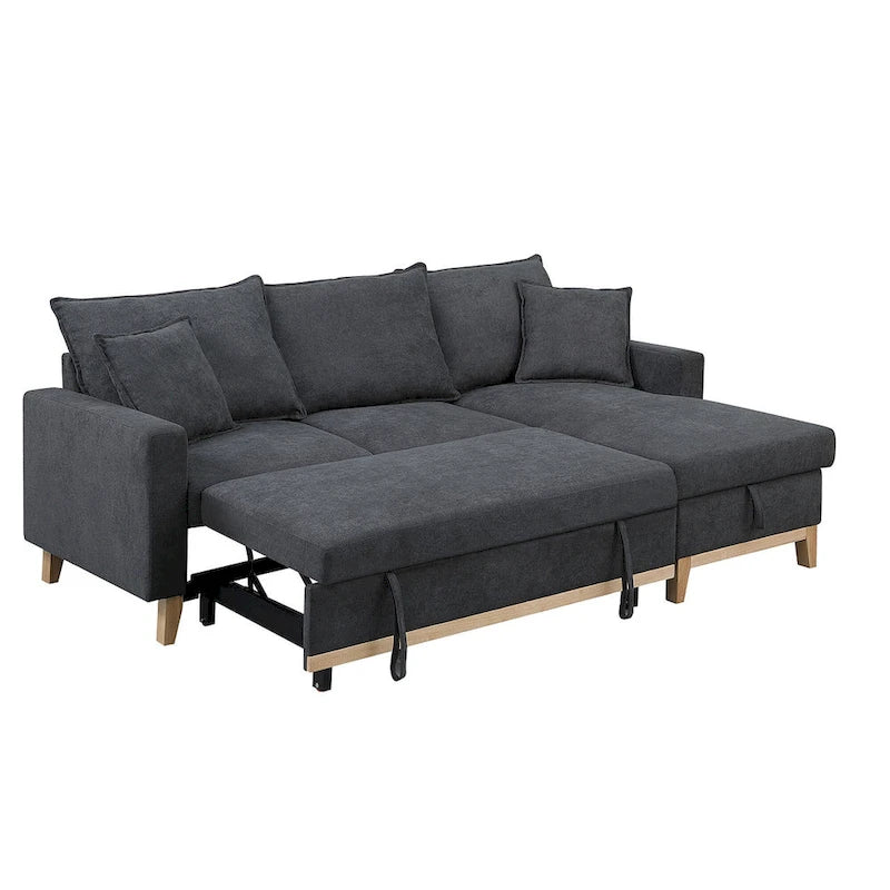 Ciemnoszara dwustronna rozkładana sofa narożna z leżanką ze schowkiem