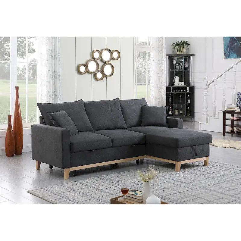 Ciemnoszara dwustronna rozkładana sofa narożna z leżanką ze schowkiem