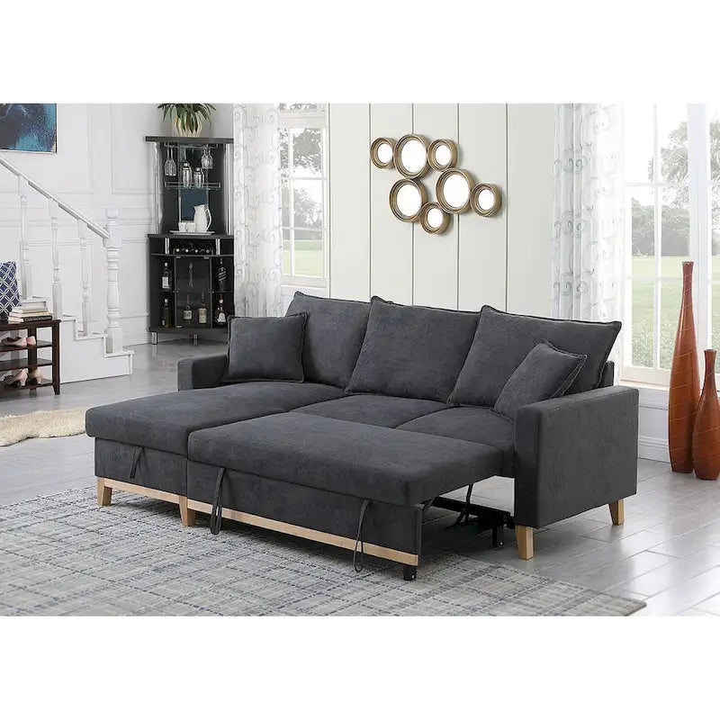 Ciemnoszara dwustronna rozkładana sofa narożna z leżanką ze schowkiem