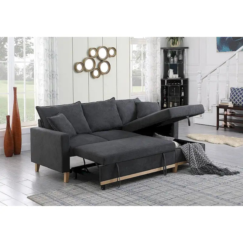 Ciemnoszara dwustronna rozkładana sofa narożna z leżanką ze schowkiem