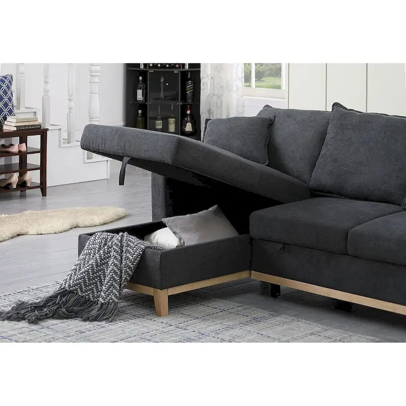 Ciemnoszara dwustronna rozkładana sofa narożna z leżanką ze schowkiem