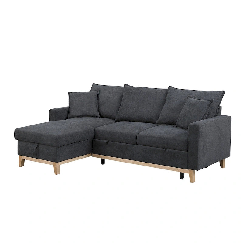 Ciemnoszara dwustronna rozkładana sofa narożna z leżanką ze schowkiem