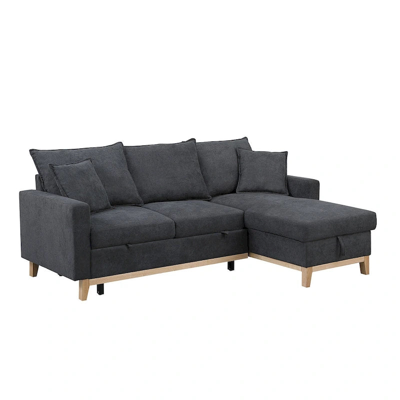 Ciemnoszara dwustronna rozkładana sofa narożna z leżanką ze schowkiem