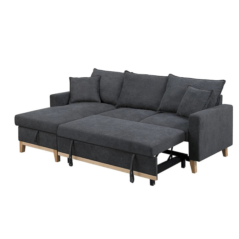 Ciemnoszara dwustronna rozkładana sofa narożna z leżanką ze schowkiem