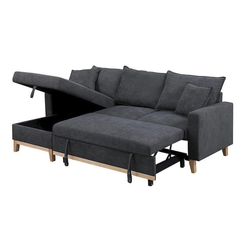 Ciemnoszara dwustronna rozkładana sofa narożna z leżanką ze schowkiem