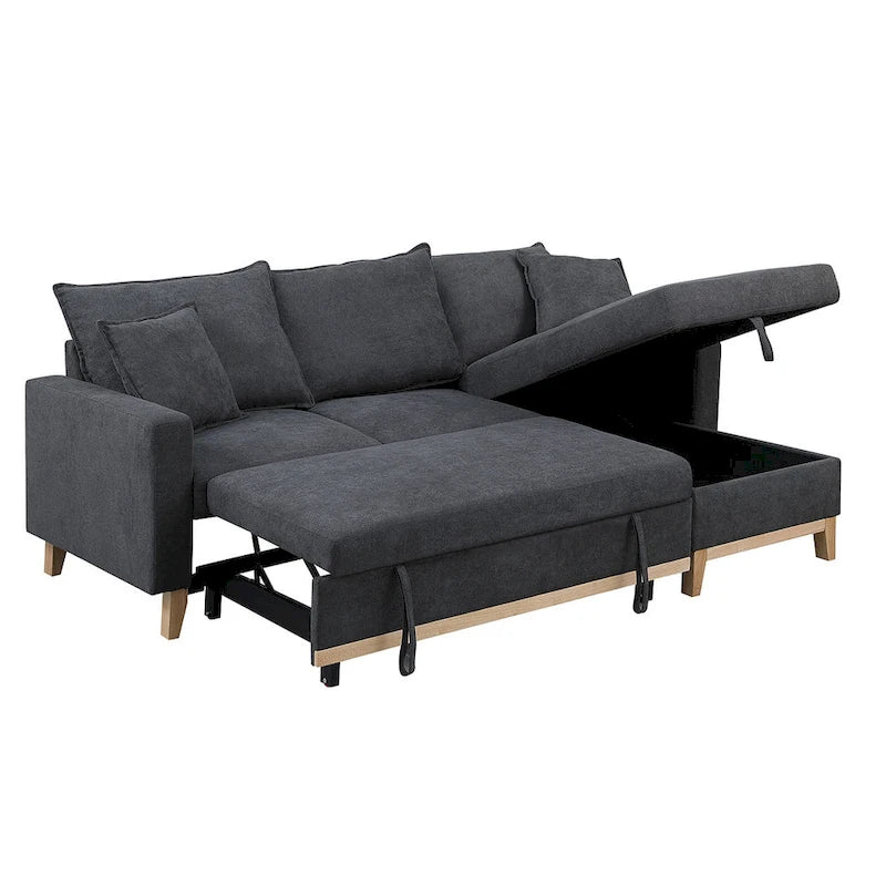 Ciemnoszara dwustronna rozkładana sofa narożna z leżanką ze schowkiem