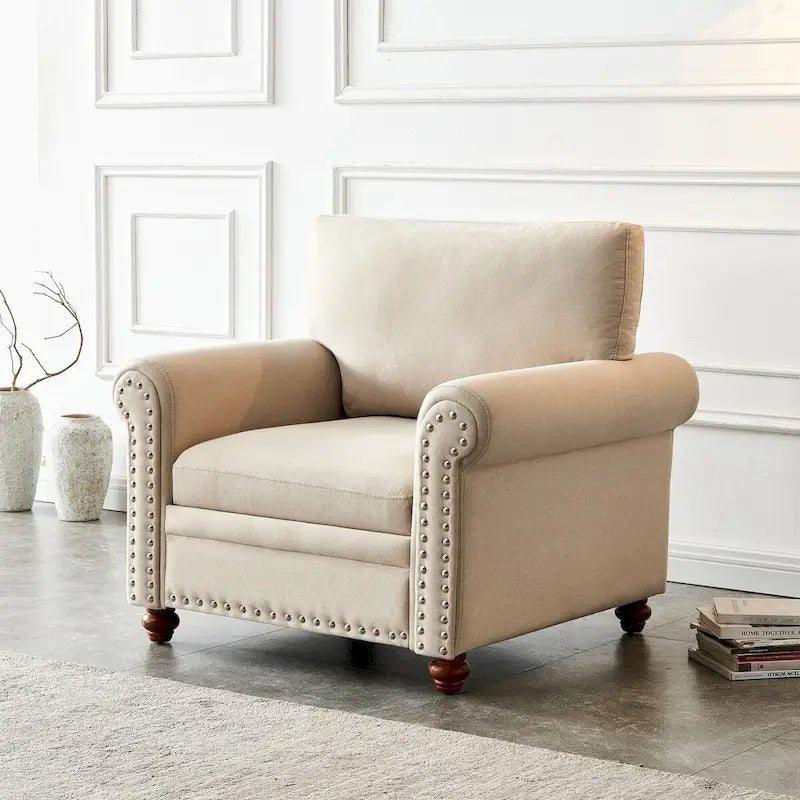 Kanapa tapicerowana tkaniną lnianą z miejscem do przechowywania, 3-osobowa sofa z ramą z litego drewna, okrągłymi podłokietnikami i zdejmowanymi poszewkami na poduszki.