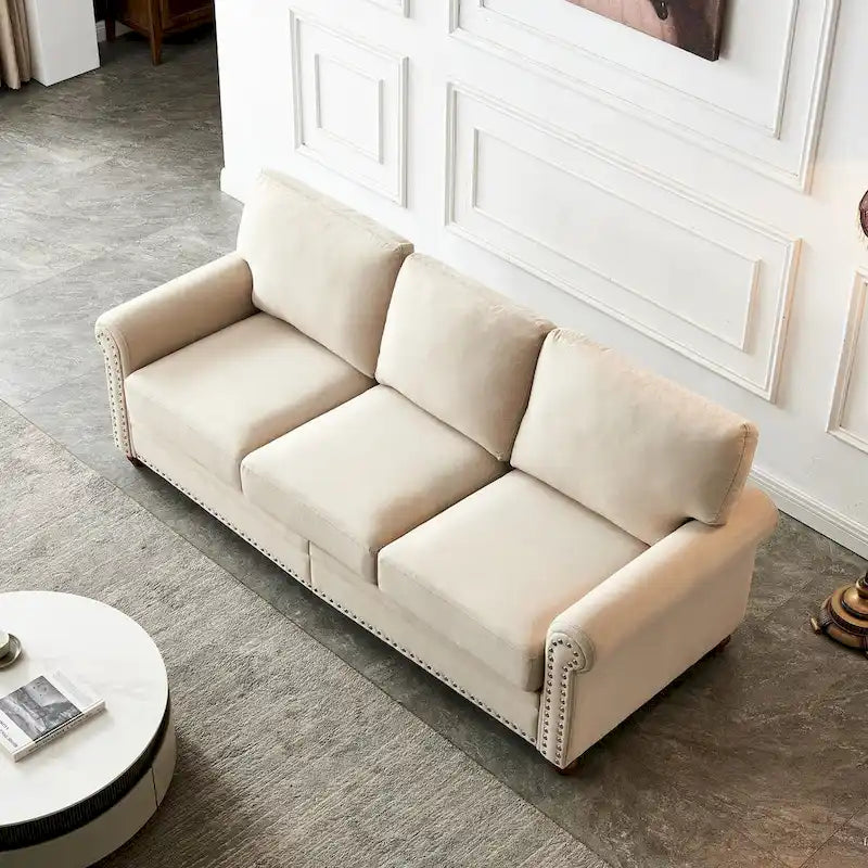 Kanapa tapicerowana tkaniną lnianą z miejscem do przechowywania, 3-osobowa sofa z ramą z litego drewna, okrągłymi podłokietnikami i zdejmowanymi poszewkami na poduszki.