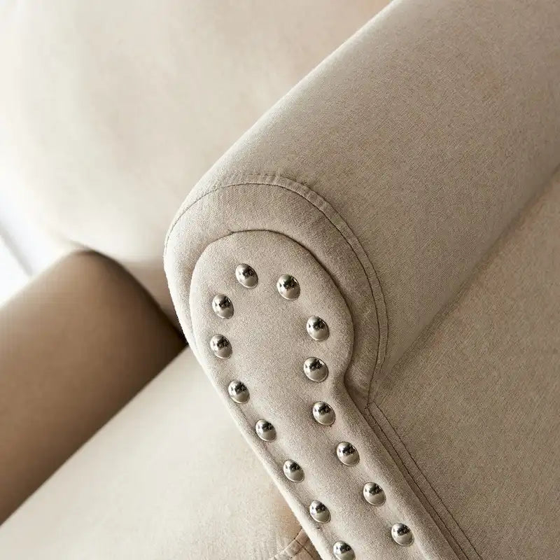 Kanapa tapicerowana tkaniną lnianą z miejscem do przechowywania, 3-osobowa sofa z ramą z litego drewna, okrągłymi podłokietnikami i zdejmowanymi poszewkami na poduszki.