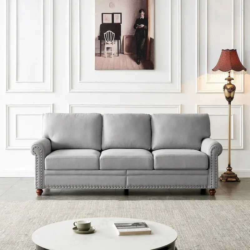 Kanapa tapicerowana tkaniną lnianą z miejscem do przechowywania, 3-osobowa sofa z ramą z litego drewna, okrągłymi podłokietnikami i zdejmowanymi poszewkami na poduszki.